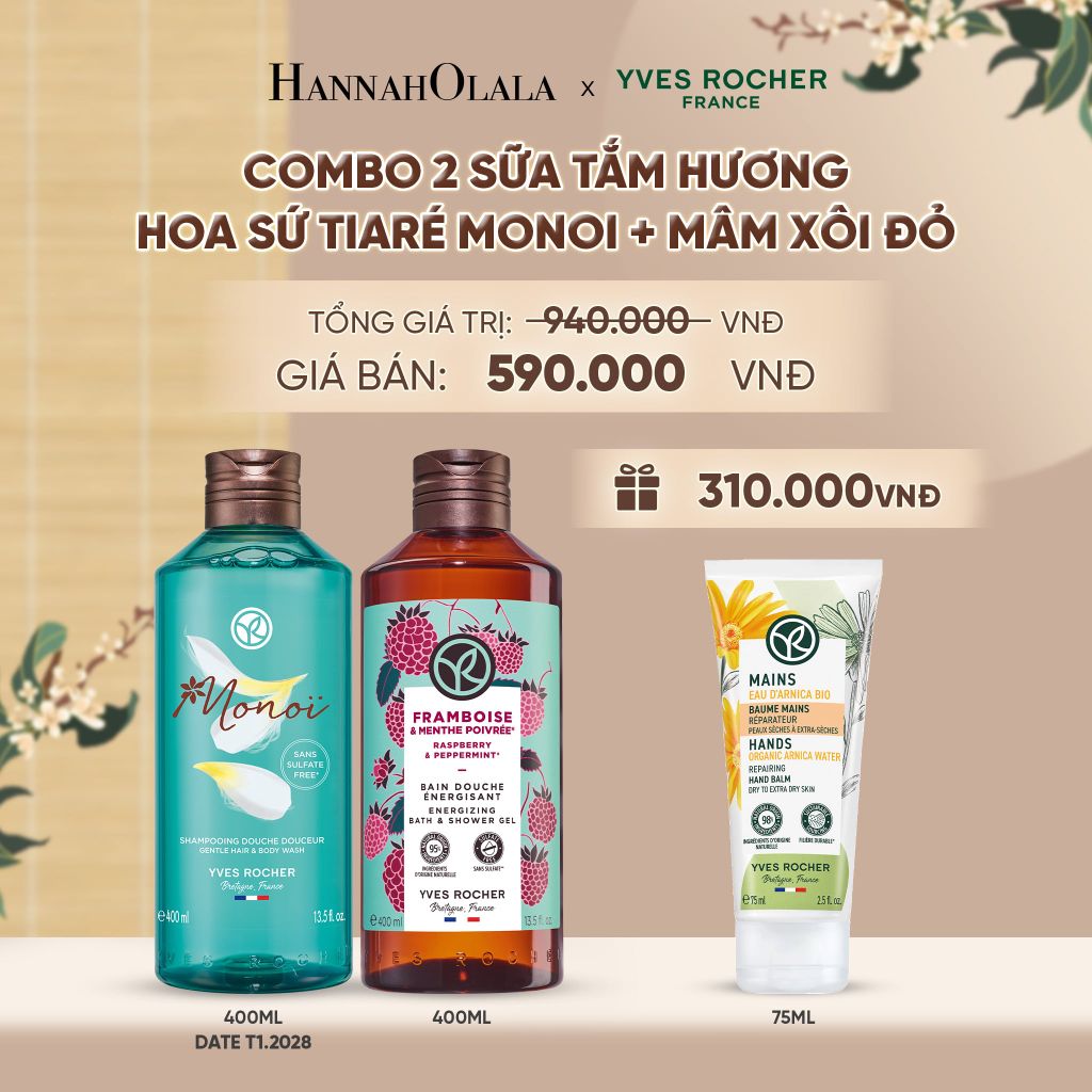  COMBO 2 SỮA TẮM HƯƠNG HOA SỨ TIARÉ MONOI [DATE T1.2028] + MÂM XÔI ĐỎ TẶNG KEM DƯỠNG DA TAY - A2256 
