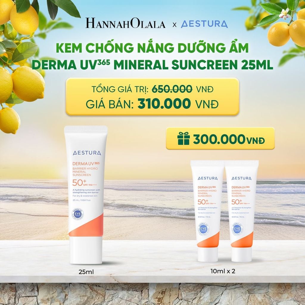  KEM CHỐNG NẮNG DƯỠNG ẨM AESTURA DERMA UV365 BARRIER HYDRO MINERAL SUNSCREEN 25ML SPF50+ PA++++ 