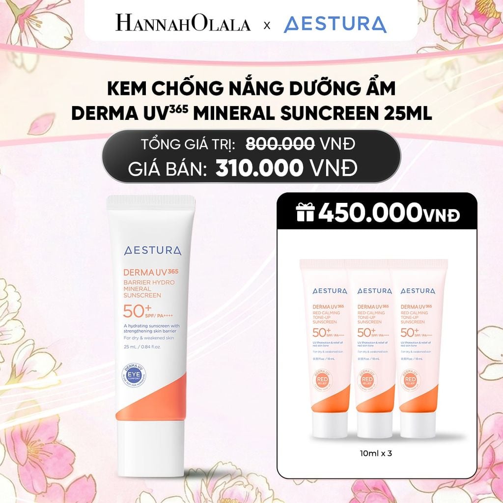  KEM CHỐNG NẮNG DƯỠNG ẨM AESTURA DERMA UV365 BARRIER HYDRO MINERAL SUNSCREEN 25ML SPF50+ PA++++ 