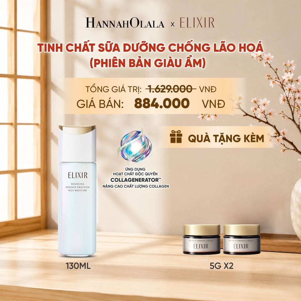  [MỚI] SỮA DƯỠNG NGĂN NGỪA LÃO HÓA DA ELIXIR BOUNCING ESSENCE EMULSION RICH MOISTURE ba 130ML - DEAL 32 - B19 