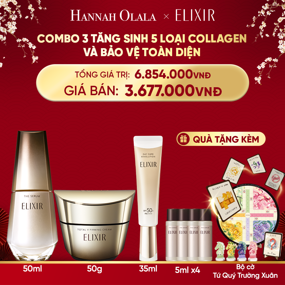  DEAL 34: COMBO SERUM KÍCH HOẠT TRẺ HÓA LÀN DA THE SERUM AA 50ML & KEM DƯỠNG CẢI THIỆN CHẢY XỆ NGĂN NGỪA LÃO HÓA ELIXIR TOTAL V FIRMING CREAM 50G & SỮA CHỐNG NẮNG PHỤC HỒI COLLAGEN ELIXIR DAY CARE REVOLUTION SPF50+ 35ML 