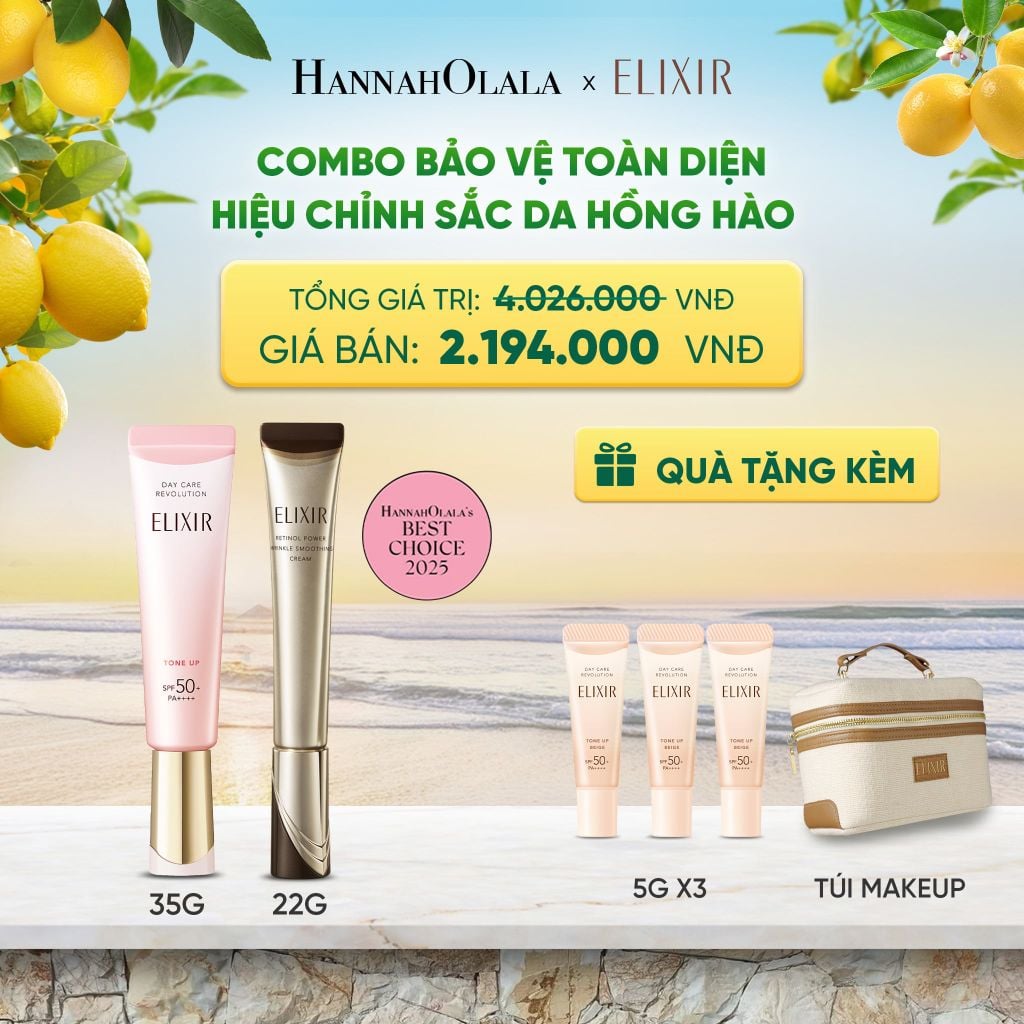  COMBO KEM DƯỠNG DA CẢI THIỆN 11 LOẠI NẾP NHĂN SÂU ELIXIR RETINOL POWER WRINKLE SMOOTHING CREAM 22G VÀ SỮA CHỐNG NẮNG NÂNG TÔNG ELIXIR DAY CARE REVOLUTION TONE UP PINK+35G - DEAL 35 