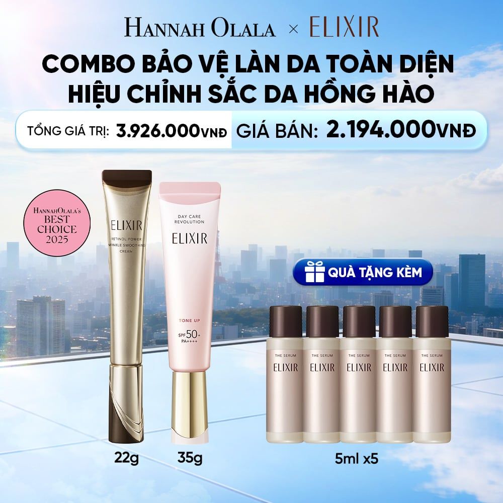  COMBO KEM DƯỠNG DA CẢI THIỆN 11 LOẠI NẾP NHĂN SÂU ELIXIR RETINOL POWER WRINKLE SMOOTHING CREAM 22G VÀ SỮA CHỐNG NẮNG NÂNG TÔNG ELIXIR DAY CARE REVOLUTION TONE UP PINK+35G - DEAL 35 