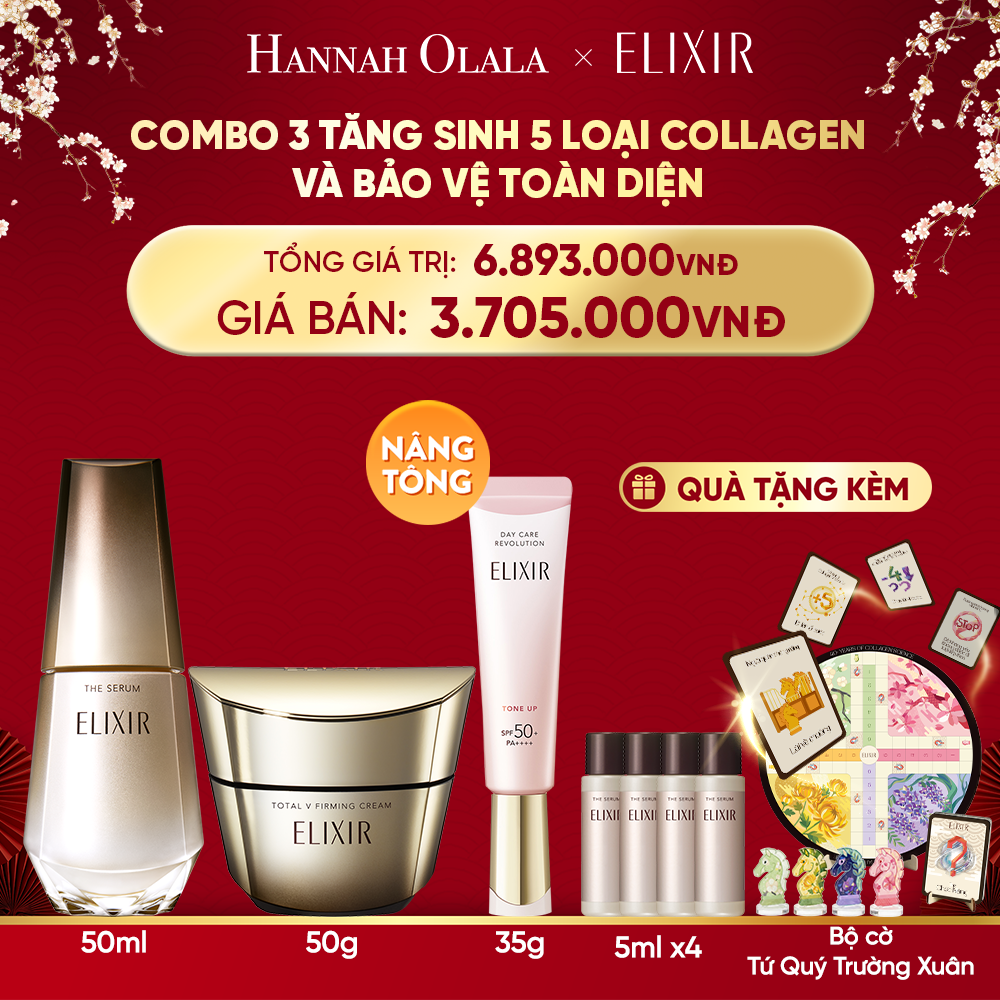  A275_DEAL 35: COMBO SERUM KÍCH HOẠT TRẺ HÓA LÀN DA THE SERUM AA 50ML & KEM DƯỠNG CẢI THIỆN CHẢY XỆ NGĂN NGỪA LÃO HÓA ELIXIR TOTAL V FIRMING CREAM 50G & SỮA CHỐNG NẮNG NÂNG TÔNG ELIXIR DAY CARE REVOLUTION TONE UP 35ML 