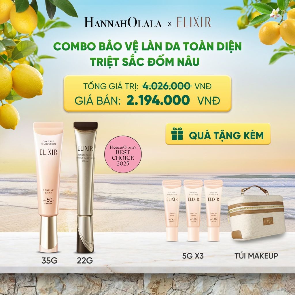  COMBO KEM DƯỠNG DA CẢI THIỆN 11 LOẠI NẾP NHĂN SÂU ELIXIR RETINOL POWER WRINKLE SMOOTHING CREAM 22G VÀ KEM CHỐNG NẮNG DẠNG SỮA NÂNG TÔNG CHỐNG LÃO HÓA TRIỆT SẮC ĐỐM NÂU ELIXIR DAY CARE REVOLUTION TONE-UP PURE BEIGE 35G - DEAL 36 