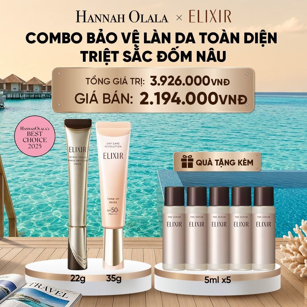  COMBO KEM DƯỠNG DA CẢI THIỆN 11 LOẠI NẾP NHĂN SÂU ELIXIR RETINOL POWER WRINKLE SMOOTHING CREAM 22G VÀ KEM CHỐNG NẮNG DẠNG SỮA NÂNG TÔNG CHỐNG LÃO HÓA TRIỆT SẮC ĐỐM NÂU ELIXIR DAY CARE REVOLUTION TONE-UP PURE BEIGE 35G - DEAL 36_ D2095 