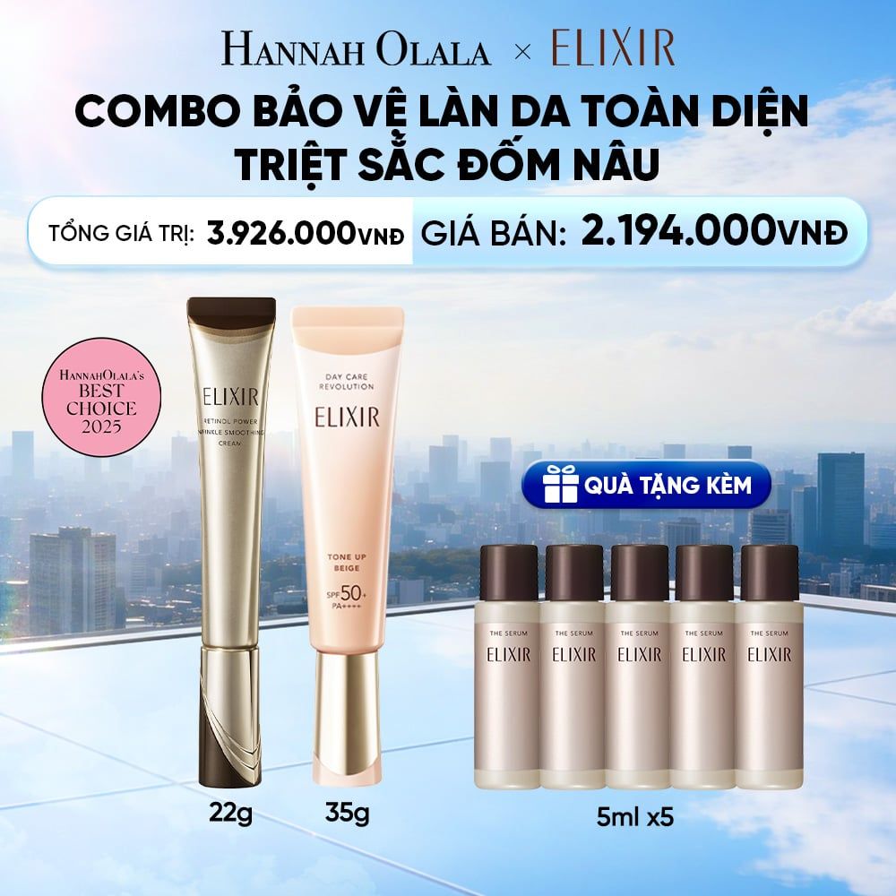  COMBO KEM DƯỠNG DA CẢI THIỆN 11 LOẠI NẾP NHĂN SÂU ELIXIR RETINOL POWER WRINKLE SMOOTHING CREAM 22G VÀ KEM CHỐNG NẮNG DẠNG SỮA NÂNG TÔNG CHỐNG LÃO HÓA TRIỆT SẮC ĐỐM NÂU ELIXIR DAY CARE REVOLUTION TONE-UP PURE BEIGE 35G - DEAL 36 