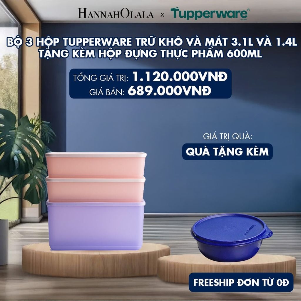  BỘ 3 HỘP TUPPERWARE TRỮ KHÔ VÀ MÁT 3.1L VÀ 1.4L - TẶNG KÈM HỘP ĐỰNG THỰC PHẨM 600ML 
