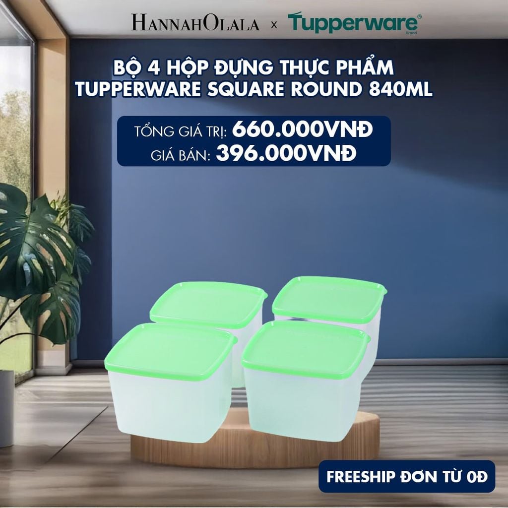  BỘ 4 HỘP ĐỰNG THỰC PHẨM TUPPERWARE SQUARE ROUND 840ML 