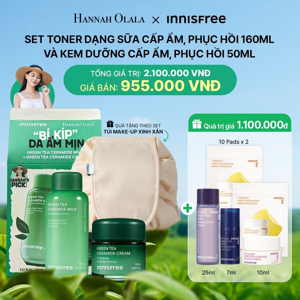  DEAL 2: SET TONER DẠNG SỮA CẤP ẨM, PHỤC HỒI INNISFREE GREEN TEA CERAMIDE MILK 160ML VÀ KEM DƯỠNG CẤP ẨM, PHỤC HỒI INNISFREE GREEN TEA CERAMIDE CREAM 50ML 