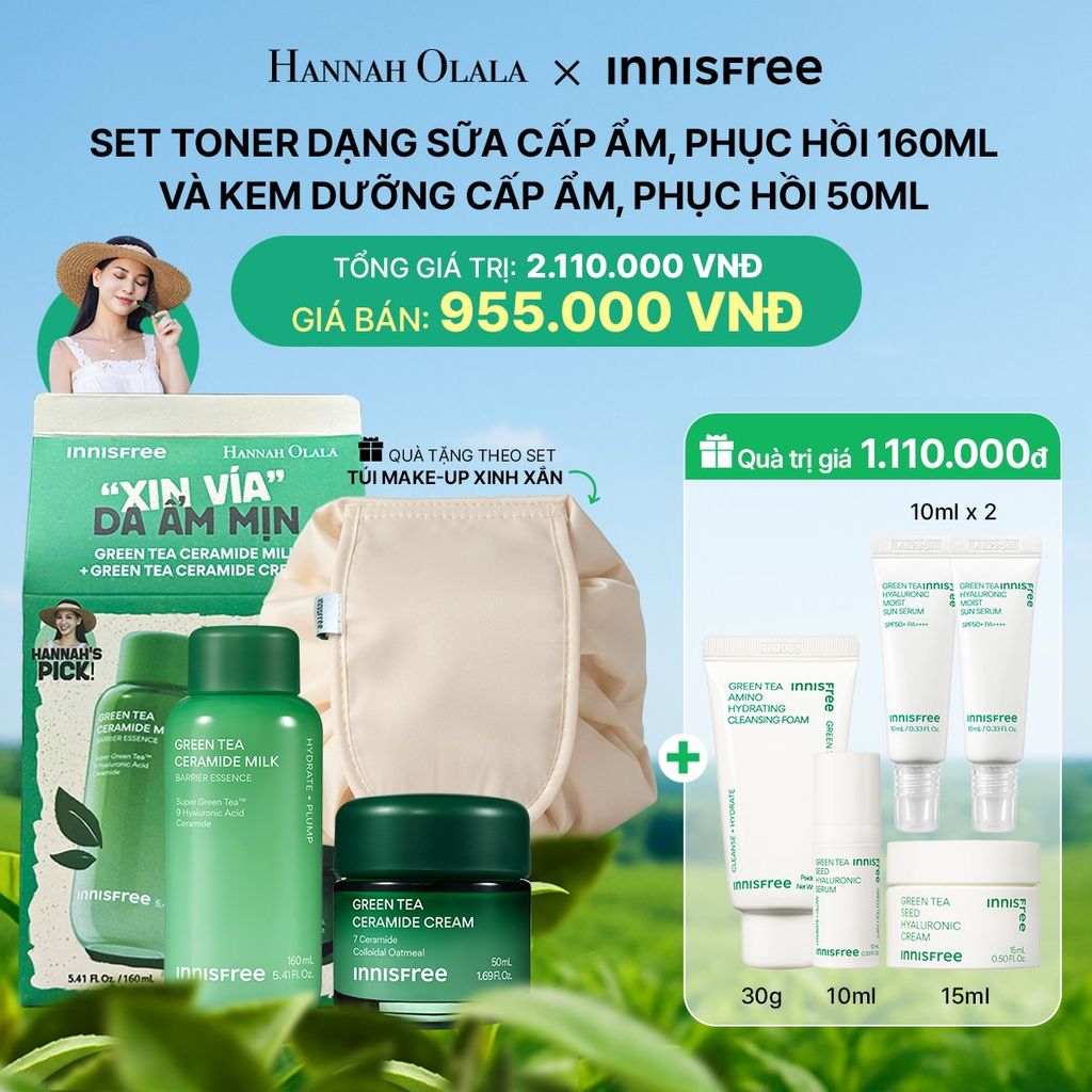  DEAL 2: SET TONER DẠNG SỮA CẤP ẨM, PHỤC HỒI INNISFREE GREEN TEA CERAMIDE MILK 160ML VÀ KEM DƯỠNG CẤP ẨM, PHỤC HỒI INNISFREE GREEN TEA CERAMIDE CREAM 50ML 