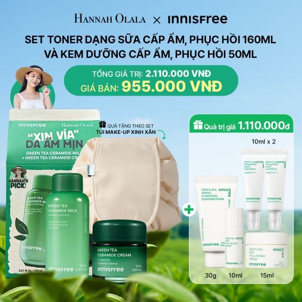  DEAL 2: SET TONER DẠNG SỮA CẤP ẨM, PHỤC HỒI INNISFREE GREEN TEA CERAMIDE MILK 160ML VÀ KEM DƯỠNG CẤP ẨM, PHỤC HỒI INNISFREE GREEN TEA CERAMIDE CREAM 50ML 