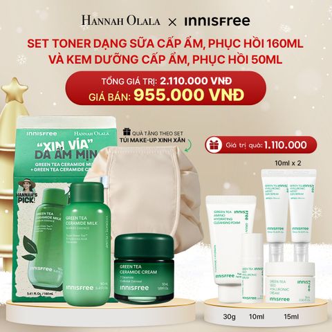  DEAL 2: SET TONER DẠNG SỮA CẤP ẨM, PHỤC HỒI INNISFREE GREEN TEA CERAMIDE MILK 160ML VÀ KEM DƯỠNG CẤP ẨM, PHỤC HỒI INNISFREE GREEN TEA CERAMIDE CREAM 50ML 
