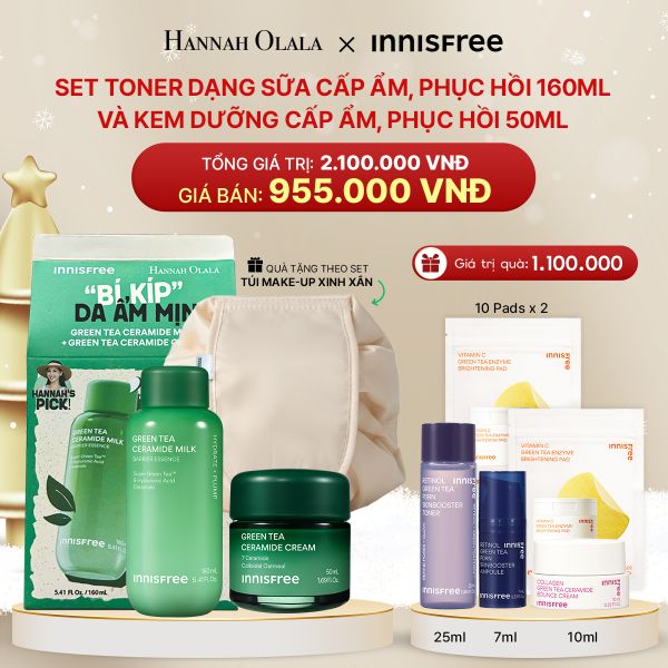  DEAL 2: SET TONER DẠNG SỮA CẤP ẨM, PHỤC HỒI INNISFREE GREEN TEA CERAMIDE MILK 160ML VÀ KEM DƯỠNG CẤP ẨM, PHỤC HỒI INNISFREE GREEN TEA CERAMIDE CREAM 50ML 