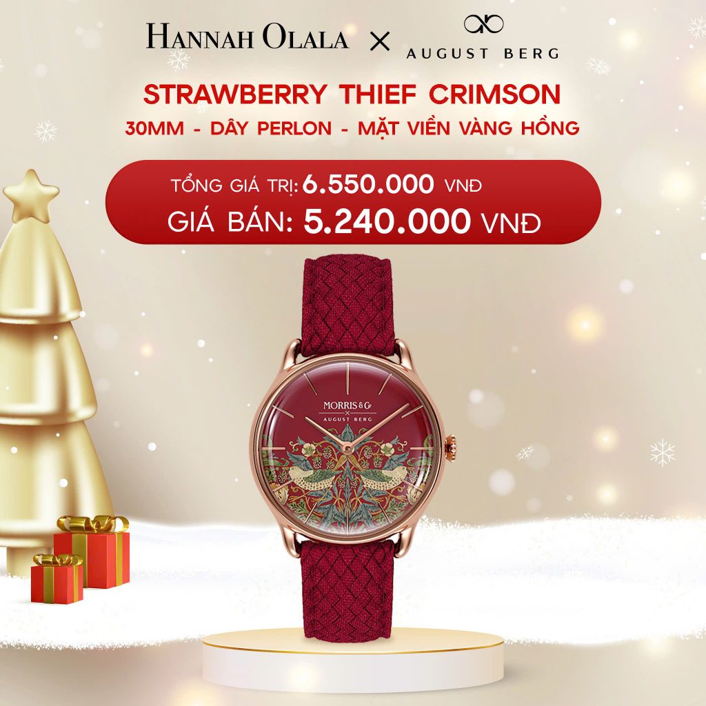  DEAL 3: ĐỒNG HỒ ĐAN MẠCH AUGUST BERG x MORRIS & CO. - MẶT SIMPLY STRAWBERRY THIEF CRIMSON 30 MM VIỀN VÀNG HỒNG - DÂY PERLON 