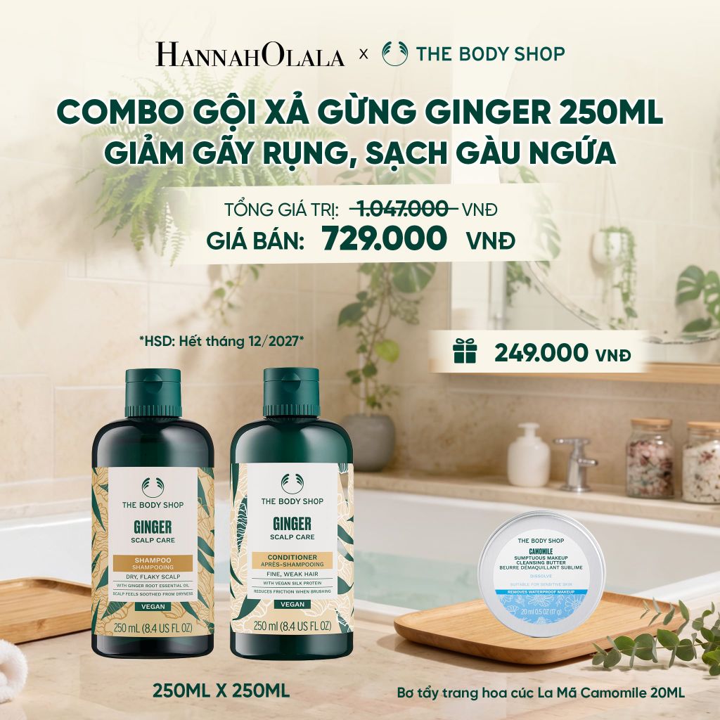  COMBO CHĂM TÓC DÀY PHỒNG, GIẢM GÃY RỤNG, SẠCH GÀU NGỨA GINGER 250ML - DẦU GỘI X DẦU XẢ - M03 