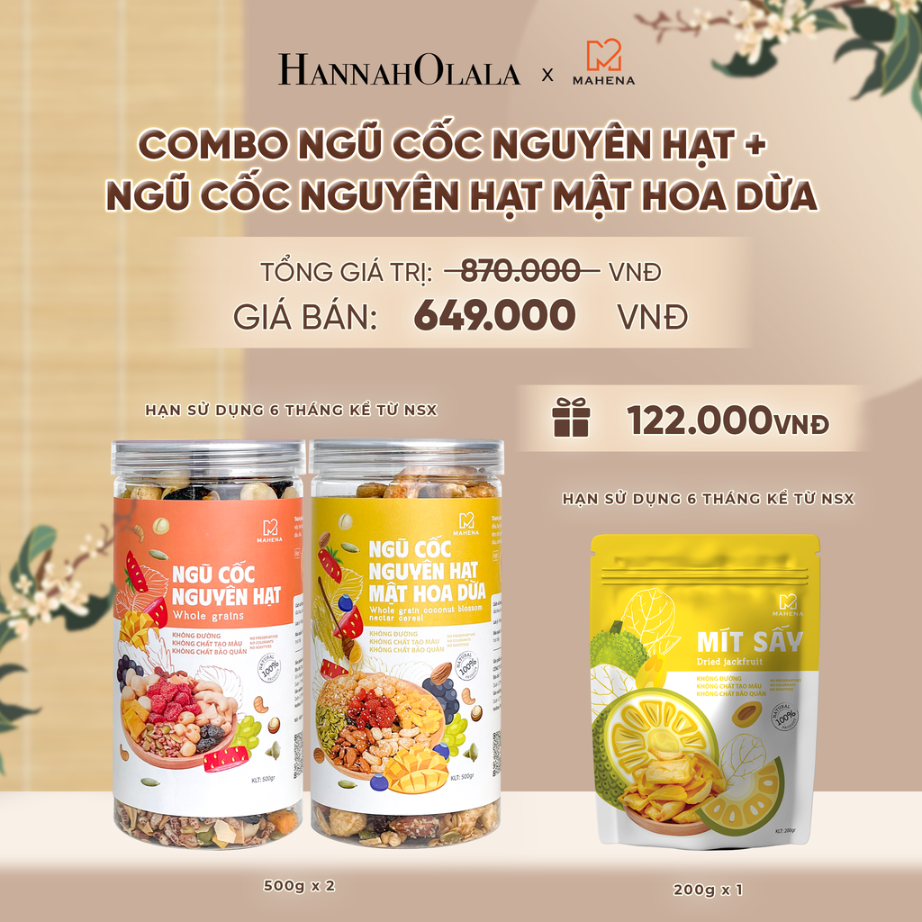  COMBO NGŨ CỐC NGUYÊN HẠT 500G + NGŨ CỐC NGUYÊN HẠT MẬT HOA DỪA 500G TẶNG 1 MÍT SẤY GIÒN 200G DEAL 3: 