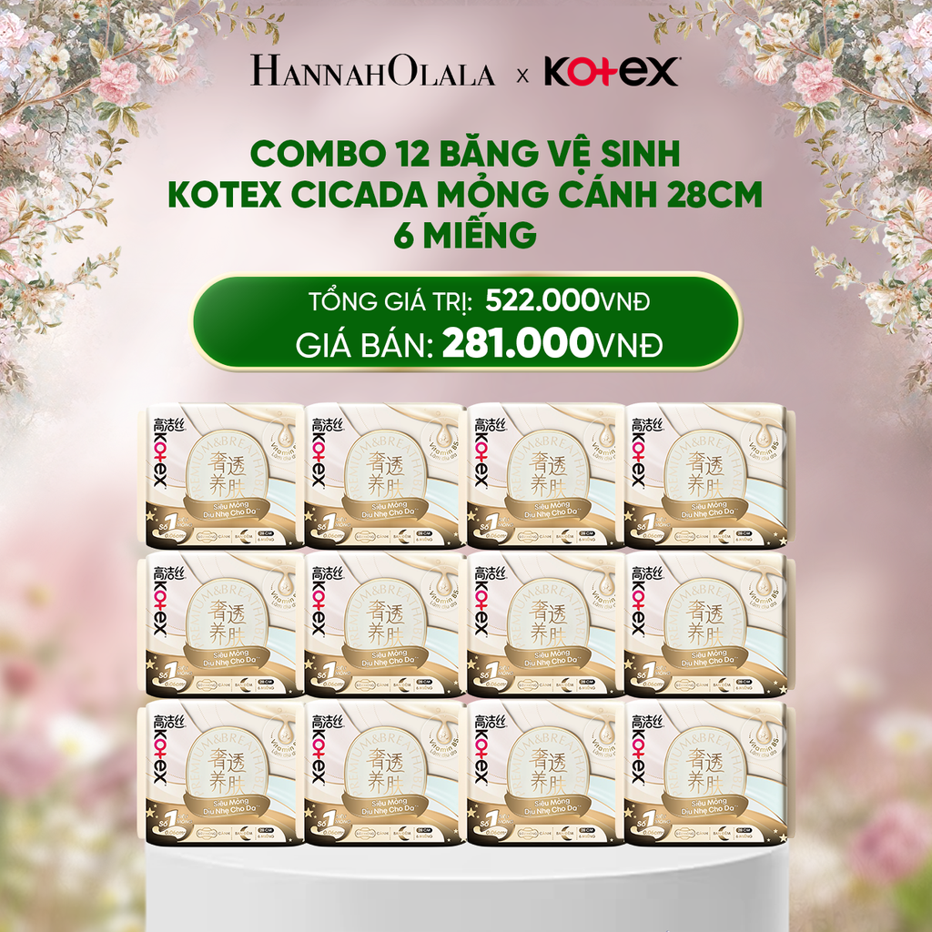  E1003_DEAL 3: COMBO 12 BĂNG VỆ SINH KOTEX CICADA MỎNG CÁNH 28CM 6 MIẾNG 