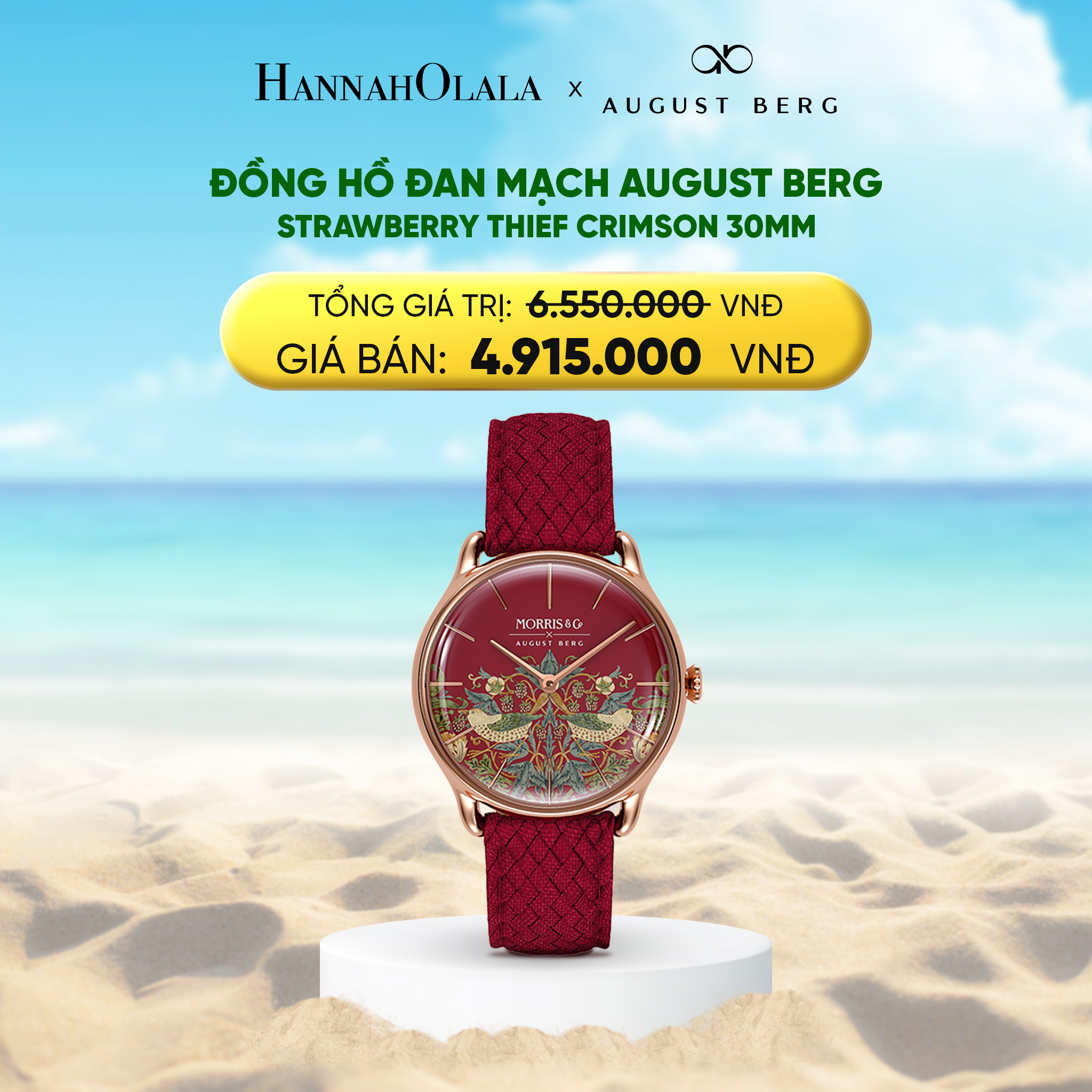 A1732_deal 3: strawberry thief crimson 30mm - dây perlon - vàng hồng