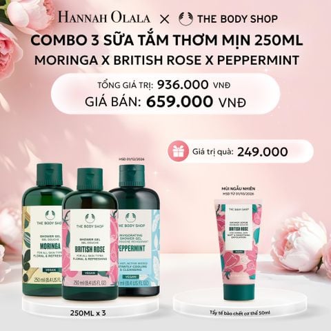  E949: DEAL 3: COMBO 3 SỮA TẮM THIÊN NHIÊN DƯỠNG ẨM 250ML - MORINGA & BRITISH ROSE & PEPPERMINT 