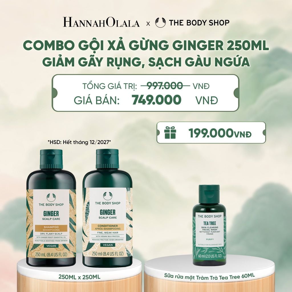  COMBO CHĂM TÓC DÀY PHỒNG, GIẢM GÃY RỤNG, SẠCH GÀU NGỨA GINGER 250ML - DẦU GỘI X DẦU XẢ - A509 