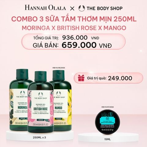  E382_DEAL 3: COMBO 3 SỮA TẮM THIÊN NHIÊN DƯỠNG ẨM 250ML - MORINGA & BRITISH ROSE & OLIVE 