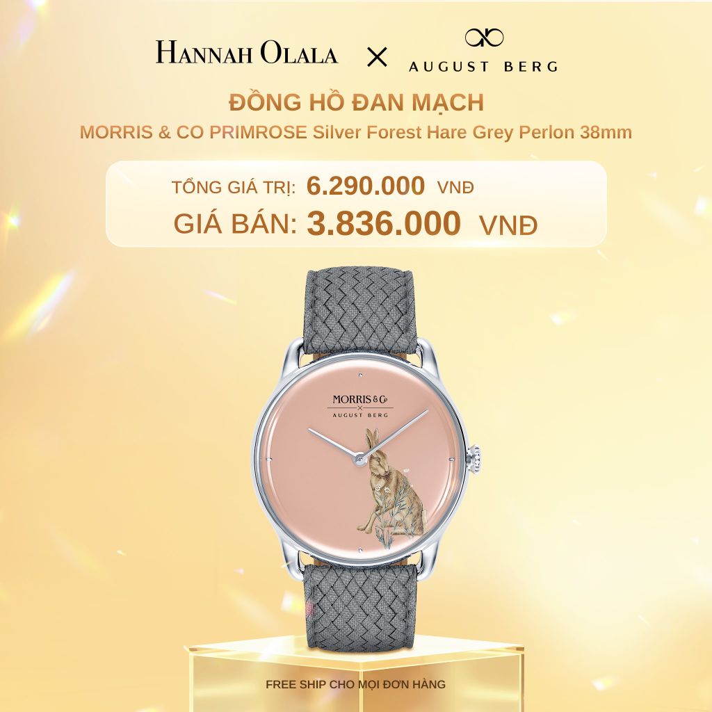  C746_DEAL 3: ĐỒNG HỒ ĐAN MẠCH AUGUST BERG x MORRIS & CO. – MẶT FOREST HARE 38MM, KHUNG MÀU BẠC, DÂY PERLON XÁM 