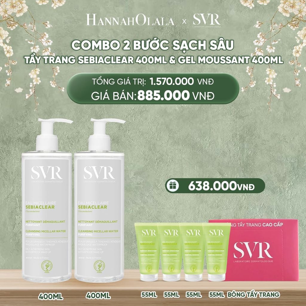  DEAL 03: COMBO 2 NƯỚC TẨY TRANG SẠCH SÂU LOẠI BỎ DẦU NHỜN SVR SEBIACLEAR EAU MICELLAIRE 400ML 