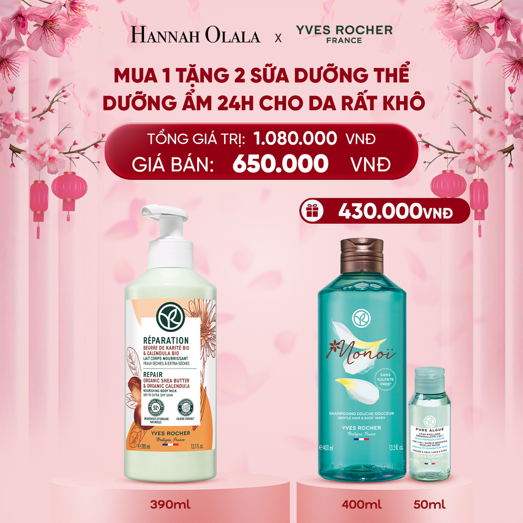  DEAL 3: MUA 1 TẶNG 2 SỮA DƯỠNG THỂ DƯỠNG ẨM 24H CHO DA RẤT KHÔ TẶNG SỮA TẮM HƯƠNG HOA TIARÉ MONOI + MINI NƯỚC TẨY TRANG 