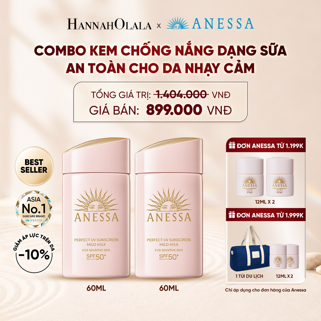 COMBO SỮA CHỐNG NẮNG DƯỠNG DA DỊU NHẸ AN TOÀN CHO DA NHẠY CẢM VÀ TRẺ EM ANESSA MILD MILK SPF50+ PA++++ 60MLX2 - DEAL 3 