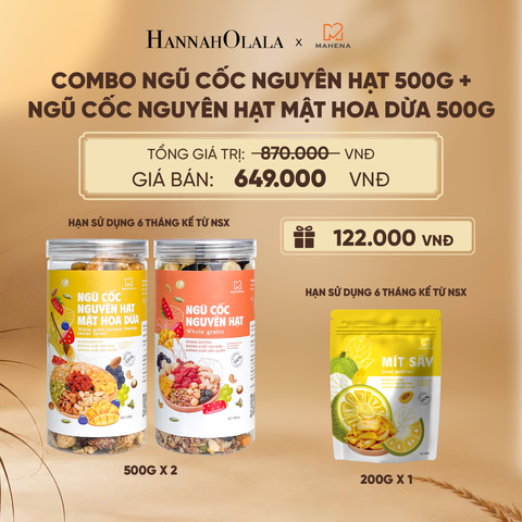  COMBO NGŨ CỐC NGUYÊN HẠT 500G + NGŨ CỐC NGUYÊN HẠT MẬT HOA DỪA 500G TẶNG 1 MÍT SẤY GIÒN 200G DEAL 3: - E53 