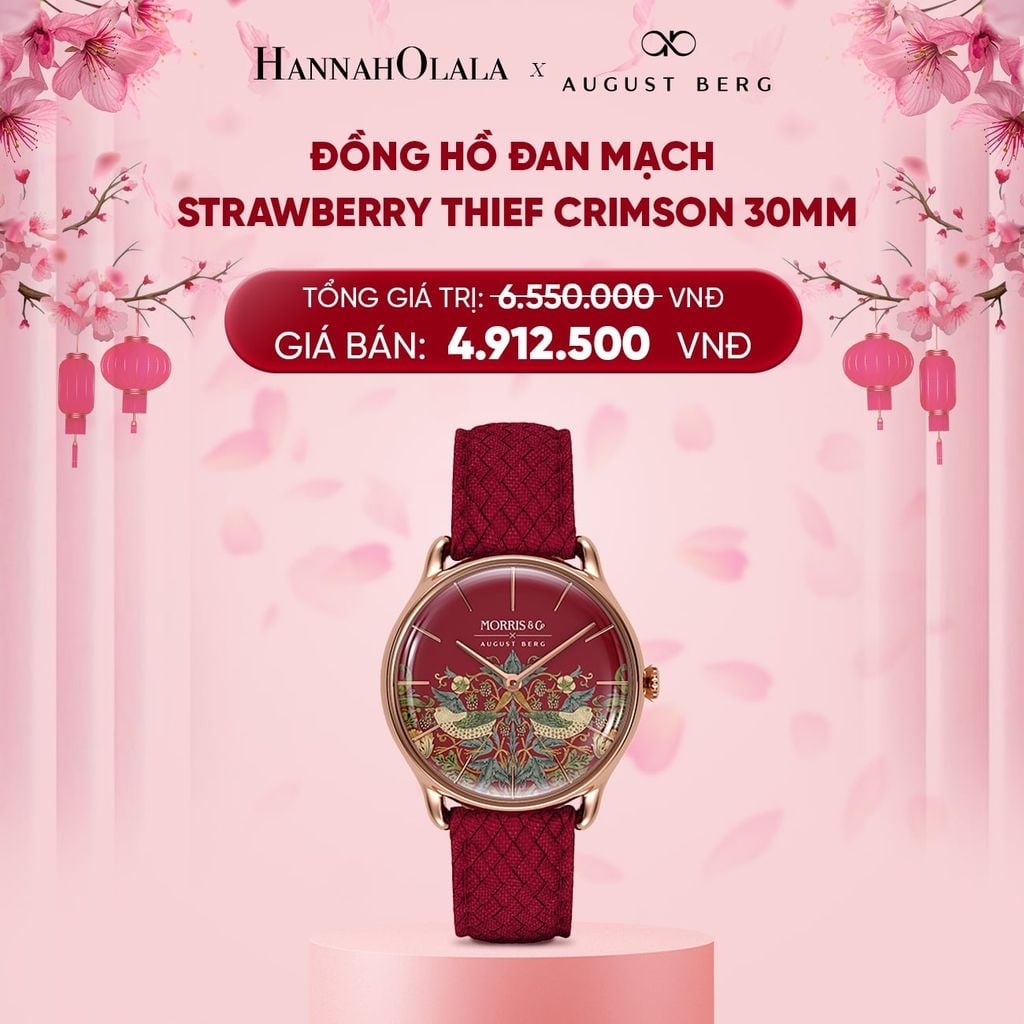  DEAL 3: ĐỒNG HỒ ĐAN MẠCH AUGUST BERG X MORRIS & CO. - MẶT STRAWBERRY THIEF CRIMSON 30MM - DÂY PERLON 