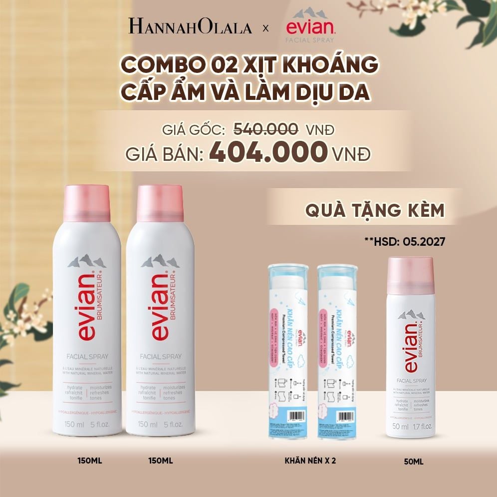  COMBO 2 CHAI XỊT KHOÁNG CẤP ẨM, LÀM DỊU DA EVIAN FACIAL SPRAY 150ML - A5051 