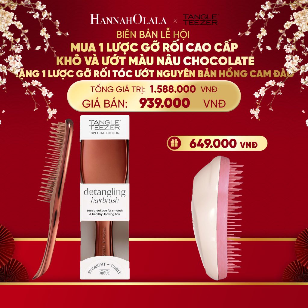  DEAL 3: MUA 1 LƯỢC GỠ RỐI TÓC CAO CẤP KHÔ VÀ ƯỚT MÀU NÂU CHOCOLATE TẶNG 1 LƯỢC GỠ RỐI TÓC ƯỚT NGUYÊN BẢN HỒNG CAM ĐÀO 