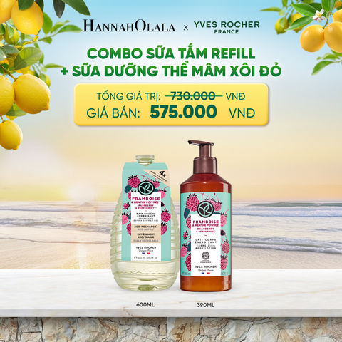  COMBO SỮA TẮM REFILL 600ML + SỮA DƯỠNG THỂ HƯƠNG MÂM XÔI ĐỎ 