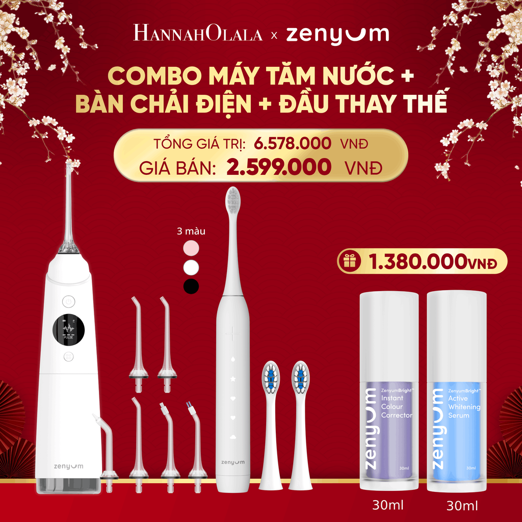  DEAL 3: COMBO MÁY TĂM NƯỚC ZENYUM PRO + 6 ĐẦU THAY+ BÀN CHẢI ĐIỆN ZENYUM SONIC 2.0 + 2 ĐẦU THAY ÊM DỊU 