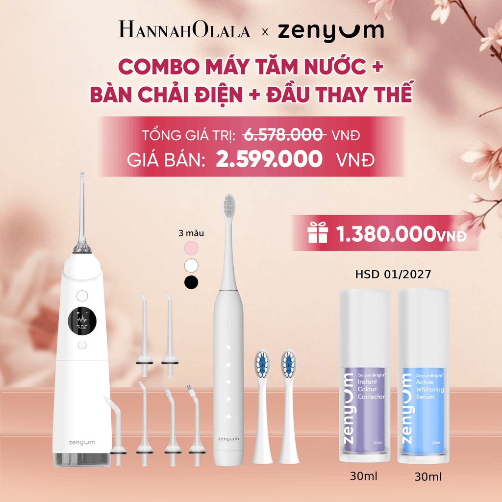  COMBO MÁY TĂM NƯỚC ZENYUM PRO + 6 ĐẦU THAY+ BÀN CHẢI ĐIỆN ZENYUM SONIC 2.0 + 2 ĐẦU THAY ÊM DỊU - A1928 