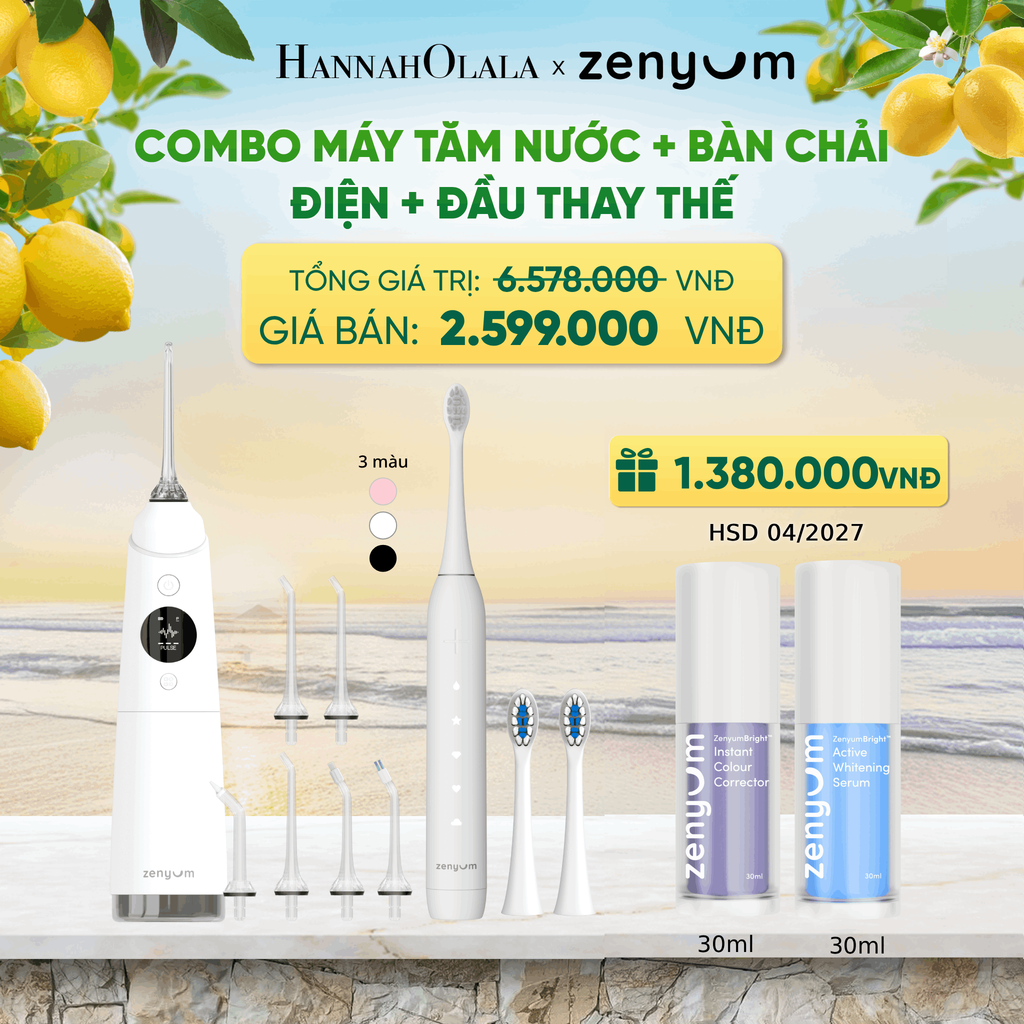  COMBO MÁY TĂM NƯỚC ZENYUM PRO + 6 ĐẦU THAY+ BÀN CHẢI ĐIỆN ZENYUM SONIC 2.0 + 2 ĐẦU THAY ÊM DỊU - A1548 