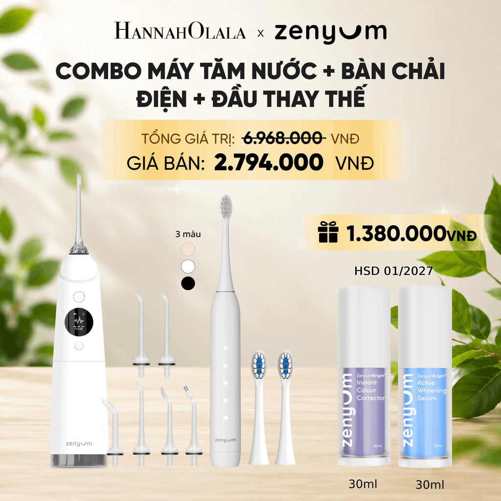  COMBO MÁY TĂM NƯỚC ZENYUM PRO + 6 ĐẦU THAY+ BÀN CHẢI ĐIỆN ZENYUM SONIC 2.0 + 2 ĐẦU THAY ÊM DỊU + SERUM ĐIỀU CHỈNH, LÀM TRẮNG RĂNG 