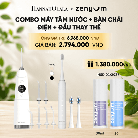  COMBO MÁY TĂM NƯỚC ZENYUM PRO + 6 ĐẦU THAY+ BÀN CHẢI ĐIỆN ZENYUM SONIC 2.0 + 2 ĐẦU THAY ÊM DỊU + SERUM ĐIỀU CHỈNH, LÀM TRẮNG RĂNG 