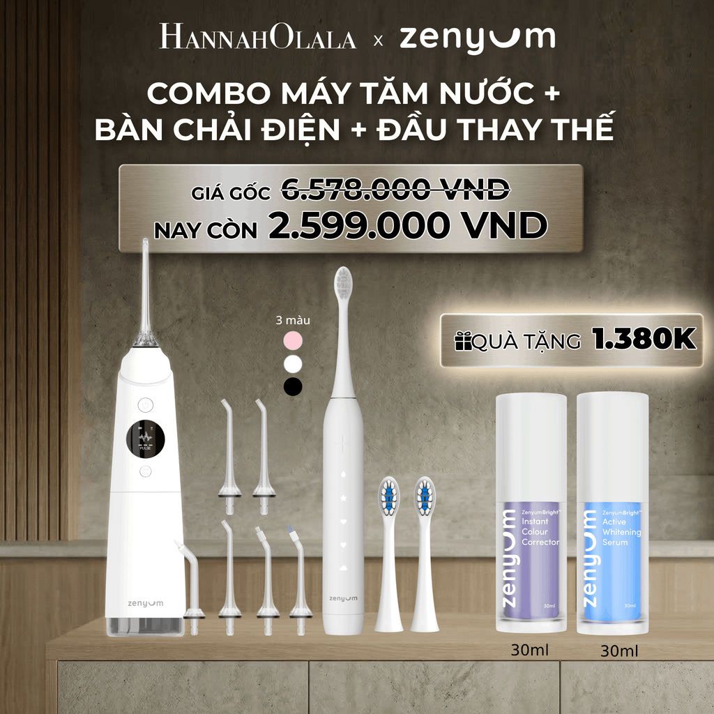  DEAL 3: COMBO MÁY TĂM NƯỚC ZENYUM PRO + 6 ĐẦU THAY+ BÀN CHẢI ĐIỆN ZENYUM SONIC 2.0 + 2 ĐẦU THAY ÊM DỊU 