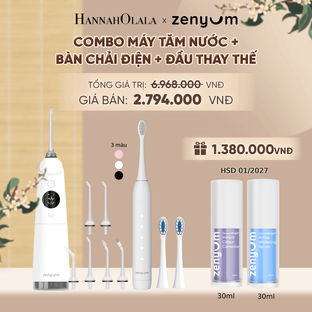  COMBO MÁY TĂM NƯỚC ZENYUM PRO + 6 ĐẦU THAY+ BÀN CHẢI ĐIỆN ZENYUM SONIC 2.0 + 2 ĐẦU THAY ÊM DỊU + SERUM ĐIỀU CHỈNH, LÀM TRẮNG RĂNG - A1744 