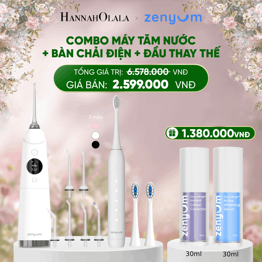  DEAL 3: COMBO MÁY TĂM NƯỚC ZENYUM PRO + 6 ĐẦU THAY+ BÀN CHẢI ĐIỆN ZENYUM SONIC 2.0 + 2 ĐẦU THAY ÊM DỊU 