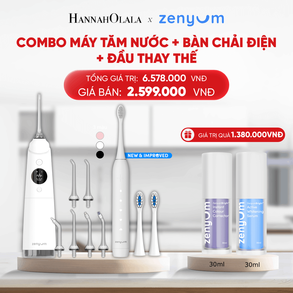  DEAL 3: BỘ MÁY TĂM NƯỚC ZENYUM PRO + 6 ĐẦU THAY+ BÀN CHẢI ĐIỆN ZENYUM SONIC 2.0 + 2 ĐẦU THAY ÊM DỊU 