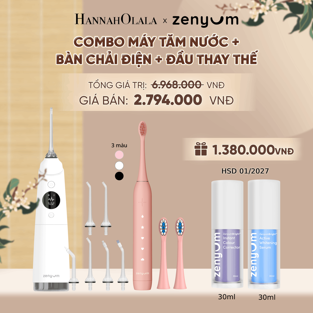  COMBO MÁY TĂM NƯỚC ZENYUM PRO + 6 ĐẦU THAY+ BÀN CHẢI ĐIỆN ZENYUM SONIC 2.0 + 2 ĐẦU THAY ÊM DỊU + SERUM ĐIỀU CHỈNH, LÀM TRẮNG RĂNG - A1744 