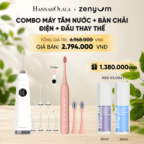  COMBO MÁY TĂM NƯỚC ZENYUM PRO + 6 ĐẦU THAY+ BÀN CHẢI ĐIỆN ZENYUM SONIC 2.0 + 2 ĐẦU THAY ÊM DỊU + SERUM ĐIỀU CHỈNH, LÀM TRẮNG RĂNG 