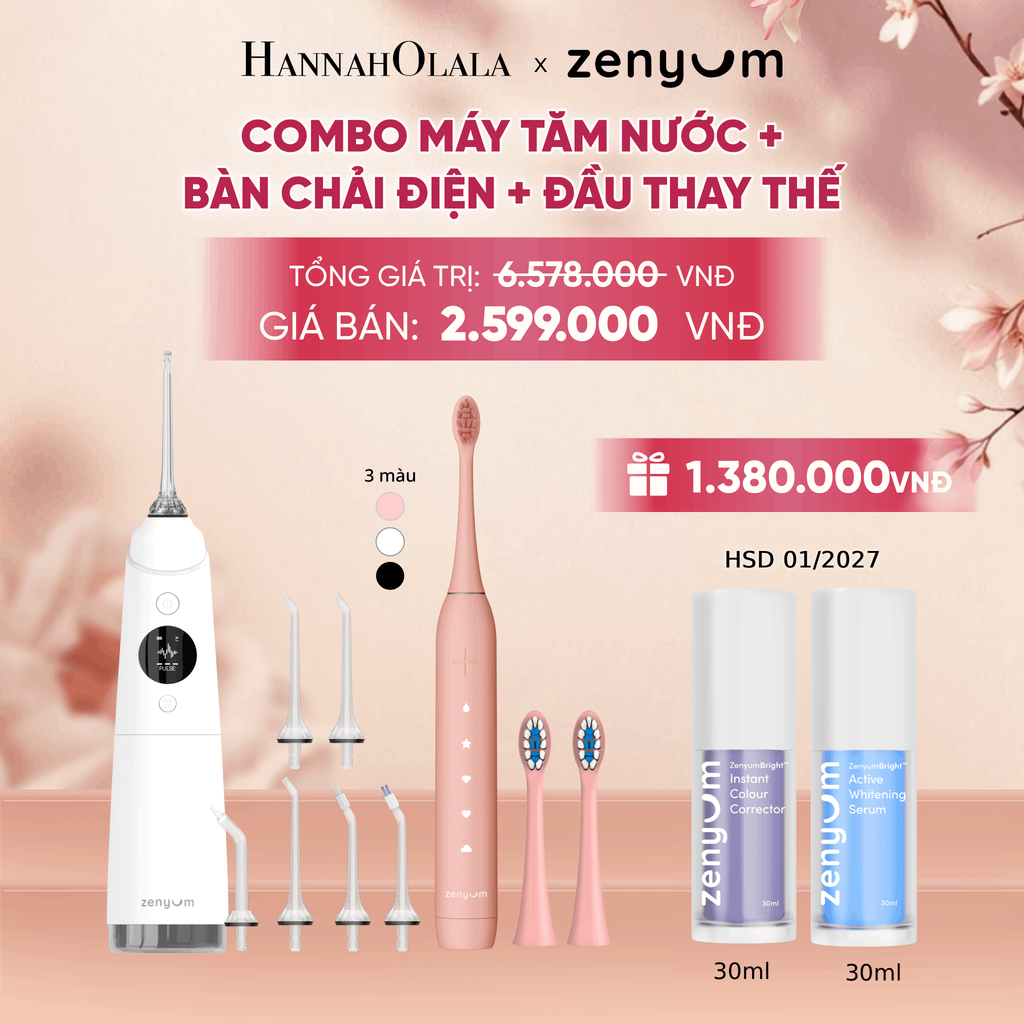  COMBO MÁY TĂM NƯỚC ZENYUM PRO + 6 ĐẦU THAY+ BÀN CHẢI ĐIỆN ZENYUM SONIC 2.0 + 2 ĐẦU THAY ÊM DỊU - A1928 