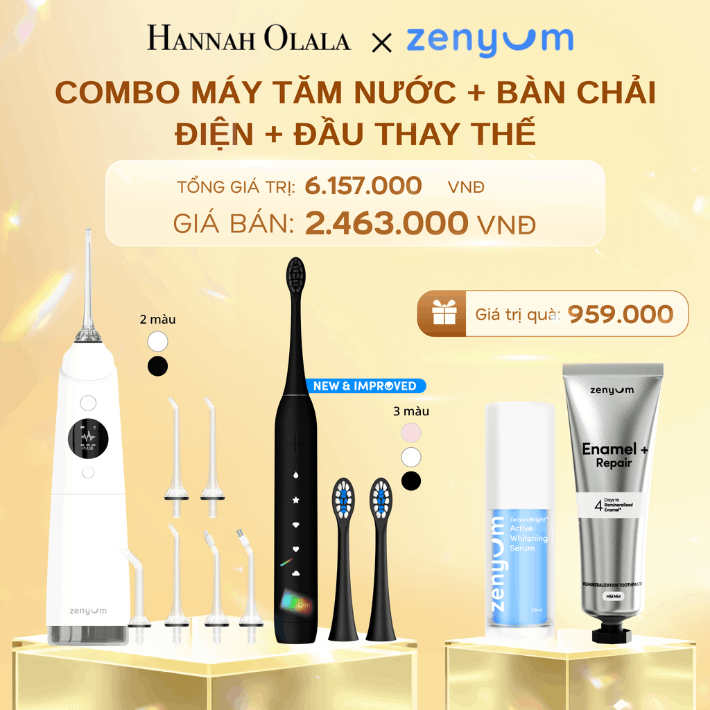  DEAL 3: BỘ MÁY TĂM NƯỚC ZENYUM PRO + 6 ĐẦU THAY+ BÀN CHẢI ĐIỆN ZENYUM SONIC 2.0 + 2 ĐẦU THAY ÊM DỊU 