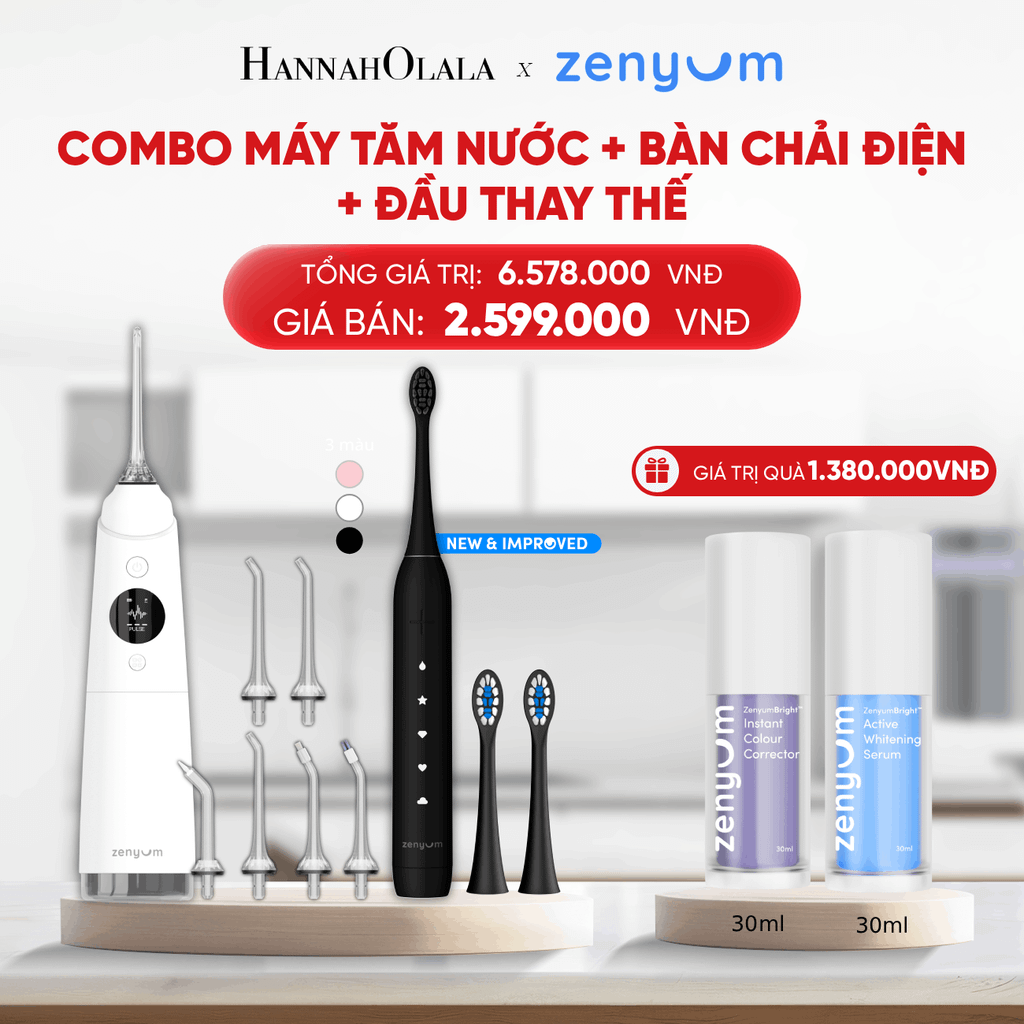  DEAL 3: BỘ MÁY TĂM NƯỚC ZENYUM PRO + 6 ĐẦU THAY+ BÀN CHẢI ĐIỆN ZENYUM SONIC 2.0 + 2 ĐẦU THAY ÊM DỊU 