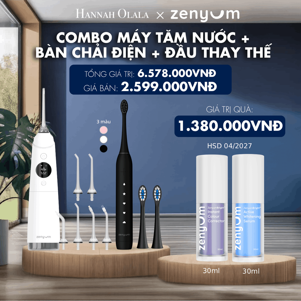  DEAL 3: COMBO MÁY TĂM NƯỚC ZENYUM PRO + 6 ĐẦU THAY+ BÀN CHẢI ĐIỆN ZENYUM SONIC 2.0 + 2 ĐẦU THAY ÊM DỊU 